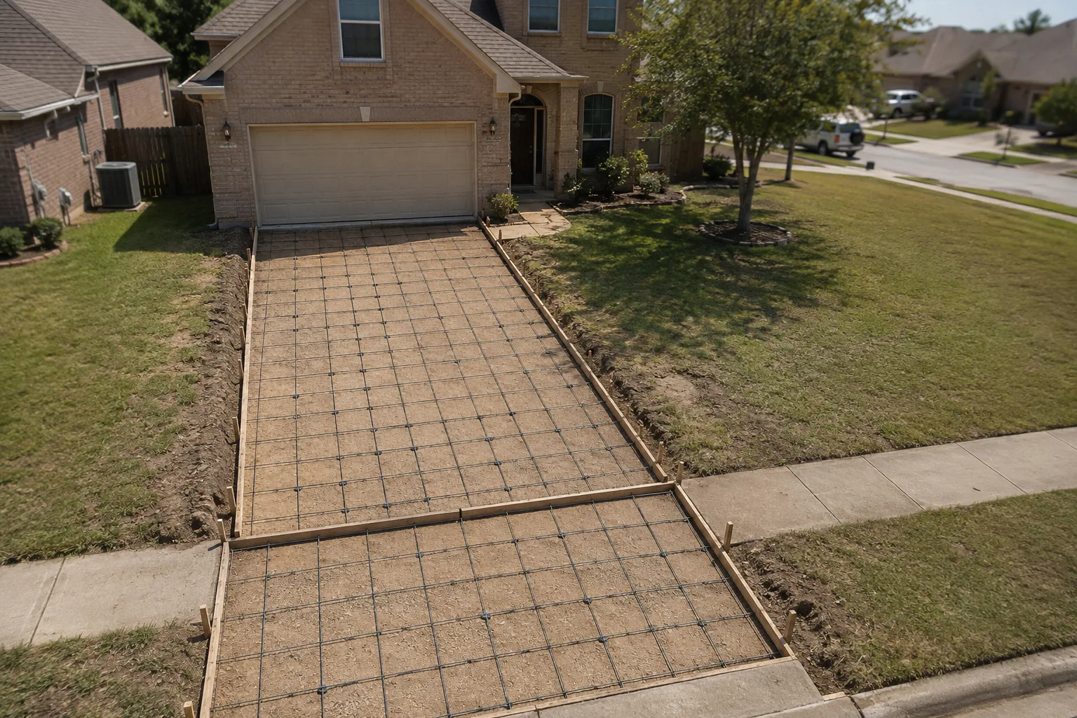 Driveway formwork with a rebar grid prepared before the concrete pour