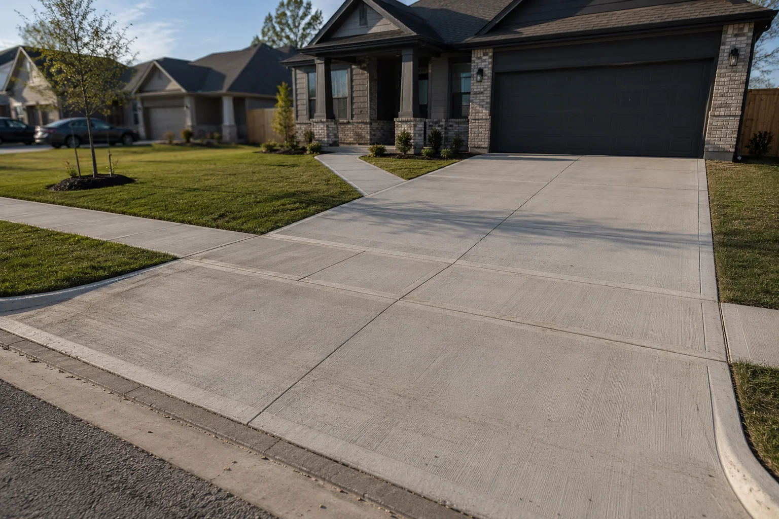 Completed concrete driveway connected to the front walk and public sidewalk