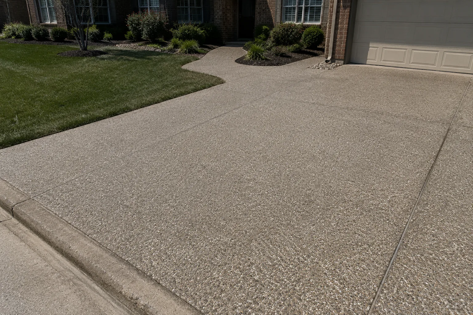 Exposed-aggregate driveway and curved front walkway