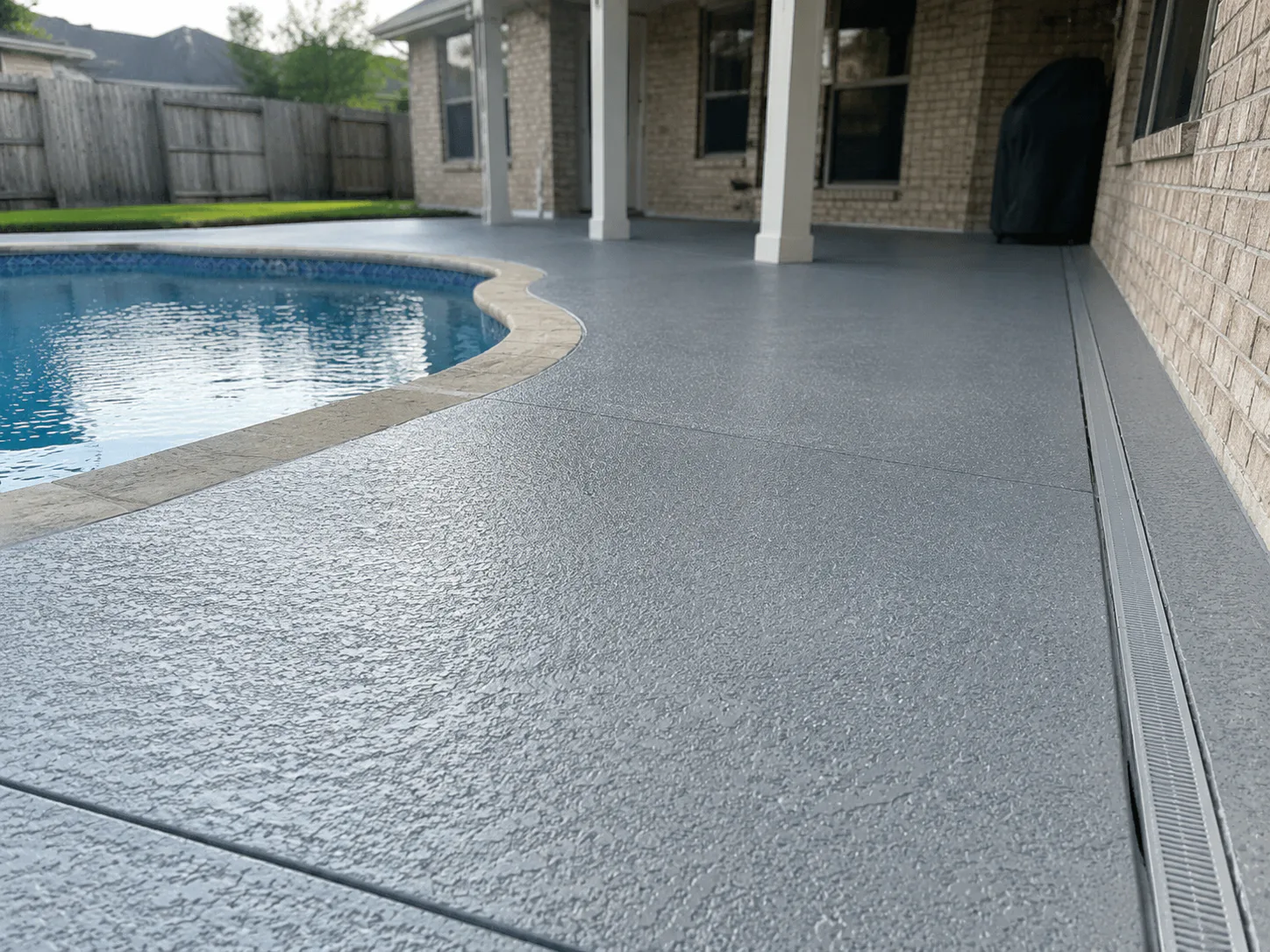 Close view of a gray spray-deck texture beside a pool and deck drain